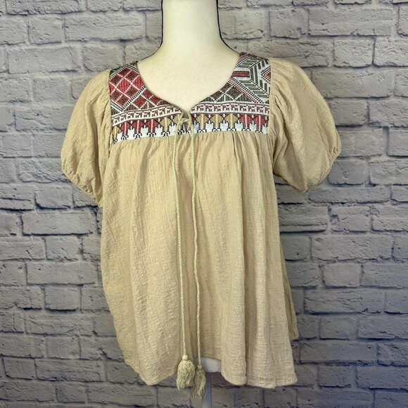 Easel Khaki Cotton Gauze Pleated Ethnic Patch Detailing Rounded Neck Top Size M - Picture 1 of 7